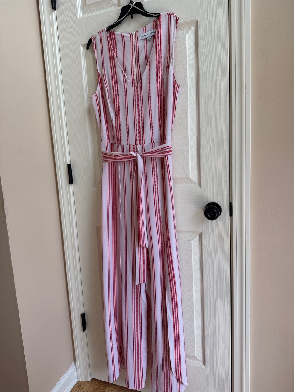 Emma & Michele Red and White Striped V-Neck Jumper Dress
